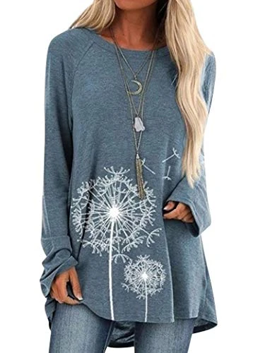 Women Long Sleeve Tunic Tops Crew Neck Dandelion Print Sweatshirt Pullover Oversized Blouse