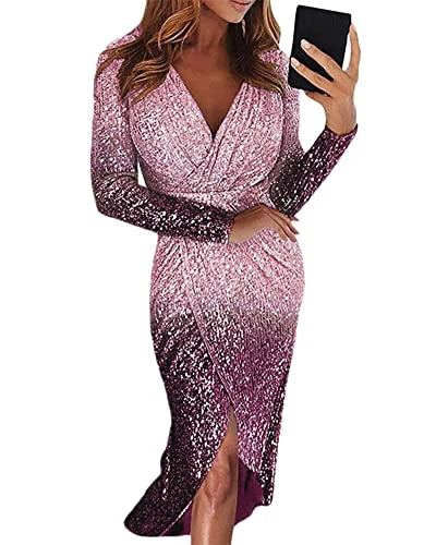 Women Long Sleeve V Neck Dress Glitter Wrap Evening Party Cocktail Bodycon Midi Pencil Dress Shinny Ruched Sexy Gowns Dresses Sequins Prom Evening Dresses,Pink,L
