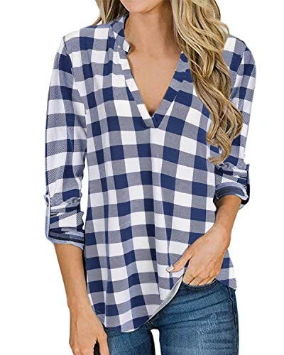 Women Long Sleeve V Neck Shirts Plaid Casual Tops Check Classical Blouses for Ladies, A-blue, L