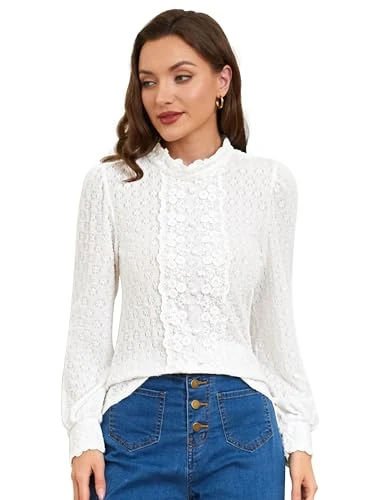 Women Long Sleeves Blouse Vintage Lace Stretch Blouse Top for Business Office White M