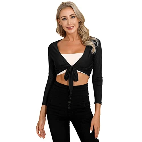 Women Long Sleeves Solid Crop Top Tie Up Shrug Sweater Cardigan Shawl Belly Dance Top Cover Up Black