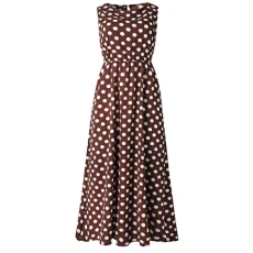 Women Long Slip Dress Sexy Polka Dot Sleeveless O Neck Evening Party Dress Ruched Ruffle Straight Maxi Skirts(L,Coffee)