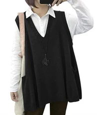 Women Loose Swing Chunky V-Neck Sweater Vests Oversized Knit Sleeveless Jumpers with Cute Drop Pockets L WM9UK Black
