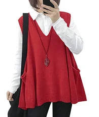 Women Loose Swing Chunky V-Neck Sweater Vests Oversized Knit Sleeveless Jumpers with Cute Drop Pockets L WM9UK Red