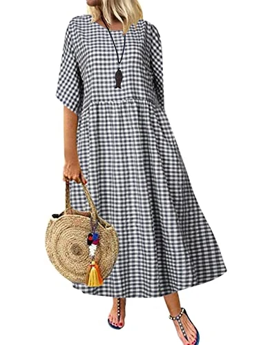 Women Maxi Dress Short Sleeve Crew Neck Casual Vintage Loose Dresses Retro Checked Boho Long Dresses