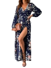 Women Maxi Wrap Dress Floral Print Chiffon Belted A-Line Long Sleeves Fall High Slit Wrap Party Dress Multicoloured M Women Maxi Wrap Dress Floral Print Chiffon Belted A-Line Long Sleeves Fall High Slit Wrap Party Dress Multicoloured M