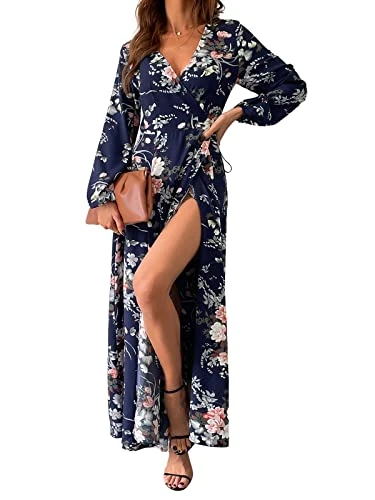 Women Maxi Wrap Dress Floral Print Chiffon Belted A-Line Long Sleeves Fall High Slit Wrap Party Dress Multicoloured M