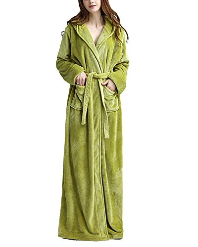 Women Men Long Dressing Gown Winter Soft Bathrobe Housecoat Nightwear Hooded Robe with Belt Fruit Green M