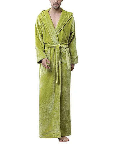 Women Men Long Dressing Gown Winter Soft Bathrobe Housecoat Nightwear Hooded Robe with Belt Grass Green XL