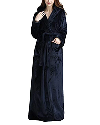 Women Men Long Dressing Gown Winter Soft Bathrobe Housecoat Nightwear Hooded Robe with Belt Navy 1 L