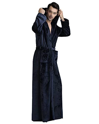 Women Men Long Dressing Gown Winter Soft Bathrobe Housecoat Nightwear Hooded Robe with Belt Navy XL