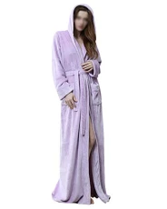 Women Men Long Dressing Gown Winter Soft Bathrobe Housecoat Nightwear Hooded Robe with Belt Purple M