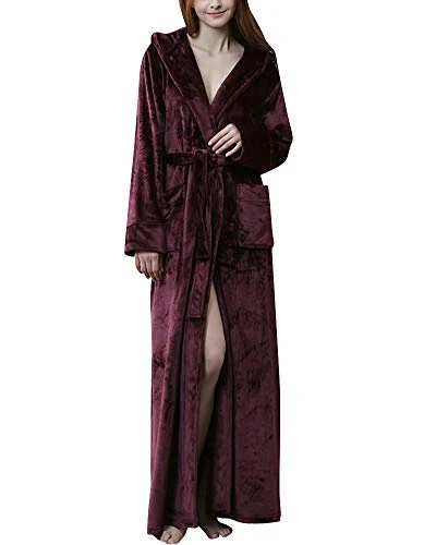 Women Men Long Dressing Gown Winter Soft Bathrobe Housecoat Nightwear Hooded Robe with Belt Wine Red 1 M