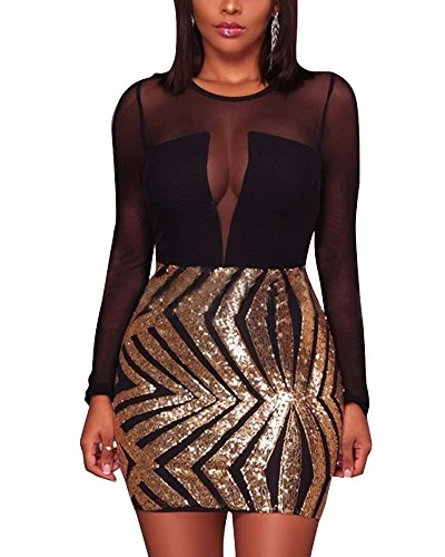Women Mesh Sequins Long Sleeves Dresses Slim Round Neck Elegant Party Dress Gold 2XL