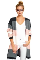 Women Mid-Long Open Front Cardigan Jumper Outerwear Long Sleeve Loose Striped Sweater (Pink, Asia L) Women Mid-Long Open Front Cardigan Jumper Outerwear Long Sleeve Loose Striped Sweater (Pink, Asia L)