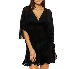 Women Mini Dress Summer Solid Color Chiffon Wrap Dress Short Sleeve Casual Dress Fashion V Neck Sundress Black