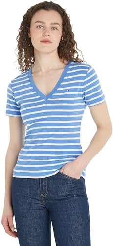 Women New Slim Cody V-Neck Ss S/S Knit Tops, Blue, M