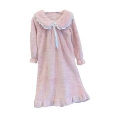 Women Nightdress Winter Nightgown Loose Sleep Dress Lady Clothing Sleepshirt Nightshirts Long Sleeve Lightweight Elegant Sleepwear, Pink
