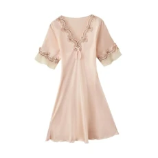 Women Nightgown Sleepwear V Neck Pajama Dress for Birthday Wedding Night Ladies Nude