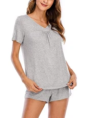 Women Nightwear Short Sleeve T Shirt Top Pajama Set V Neck Sleepwear with Shorts Grey Women Nightwear Short Sleeve T Shirt Top Pajama Set V Neck Sleepwear with Shorts Grey