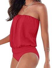 Women One Piece Swimsuit Bandeau Bikini Swimwear Strapless Swimming Costume Red XL