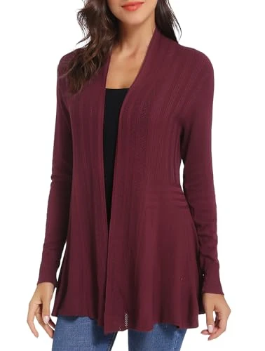 Women Open Front Cardigans Long Sleeve Lightweight Knit Cardigan Sweater, #1 Wine Red, XXL