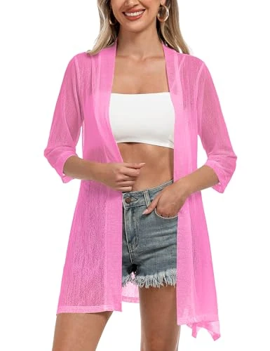 Women Open Front Sheer Cardigans 3/4 Sleeve Lightweight Kimono Cover Up, Pink, Medium