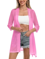 Women Open Front Sheer Cardigans 3/4 Sleeve Lightweight Kimono Cover Up, Pink, Medium Women Open Front Sheer Cardigans 3/4 Sleeve Lightweight Kimono Cover Up, Pink, Medium