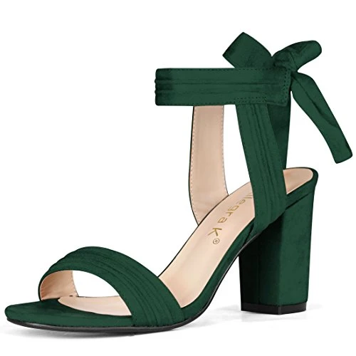 Women Open Toe Ankle Tie Back Chunky Heel Sandals Dark Green 6 UK/Label Size 8 US