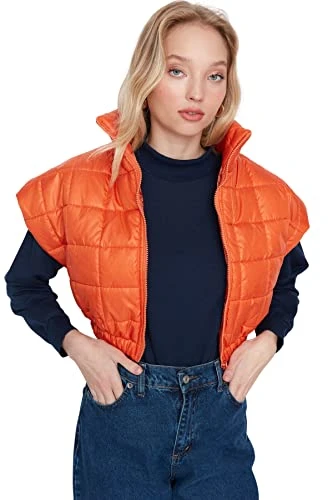 Women Oversize Puffer Standing collar Woven Vest