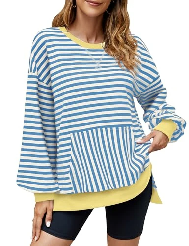 Women Oversized Sweatshirt Striped Color Block Crewneck Long Sleeve Shirt Casual Pullover Top Fall Y2K Clothes, Striped Orange, Medium