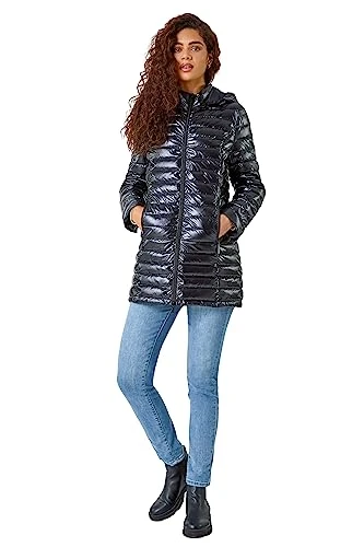 Women Padded Longline Coat with Hood - Ladies Zip Through Autumn Winter Long Length Lightweight Quil