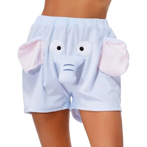 Women Pajama Bottom Funny Elephant Warm Velvet Shorts Elastic Waistband Sleepwear Home Wear Blue XL