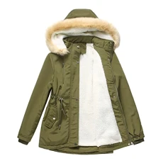 Women Parka Coat UK Sale Clearance Fleece Lined Winter Warm Jacket Long Sleeve Drawstring Full Zipper Outerwear Windproof Thick Overcoat with Faux Fur Hood