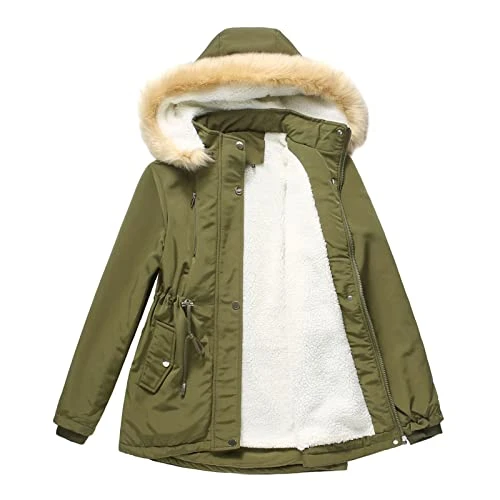 Women Parka Coat UK Sale Clearance Fleece Lined Winter Warm Jacket Long Sleeve Drawstring Full Zipper Outerwear Windproof Thick Overcoat with Faux Fur Hood