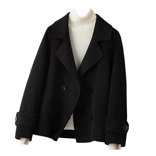 Women Peacoat Double Breasted Wool Blend Jacket Notched Lapel Overcoat Short Cardigan Outwear