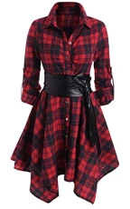 Women Plaid Shirt Dress Long Sleeves Button Down Belted Dress Irregular Hem Checked Dresses Casual Spring Fall Shirt Dress Red XL