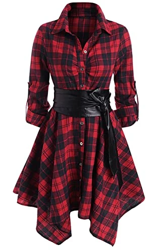Women Plaid Shirt Dress Long Sleeves Button Down Belted Dress Irregular Hem Checked Dresses Casual Spring Fall Shirt Dress Red XL
