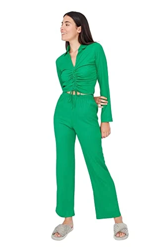 Women Plain Middle Knit T-shirt-Trousers Pajama Set Green