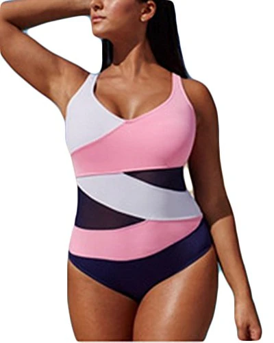 Women Plus Size One Piece Bikini Beachwear Set Push Up Padded Bra Swimsuit Plus Size High Waist Bikini Pink L
