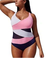 Women Plus Size One Piece Bikini Beachwear Set Push Up Padded Bra Swimsuit Plus Size High Waist Bikini Pink L