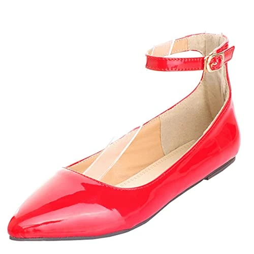 Women Pointed Toe Court Shoes Ankle Buckle Flats Sweet Dress Shoes Red