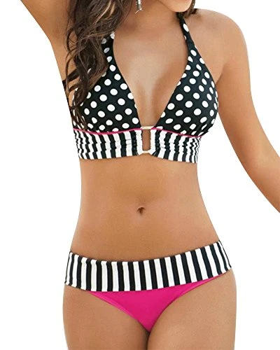 Women Polka Dot Push Up Padded Bandeau Bikini Set Swimsuits Swimwear Beachwear M