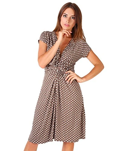 Women Polka Dot Sleeveless Knot Front Dress (Mocha, 10), 6488-MOC-10