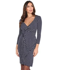 Women Polka Dot Wrap Midi Dress V-Neck 3/4 Sleeve (Navy, 16), 6487-NVY-16
