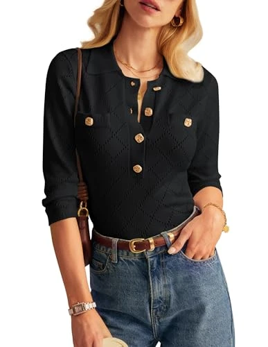 Women Polo Sweater Short Sleeve Ribbed T Shirt V Neck Loose Hollow Out Crochet Top Black XL