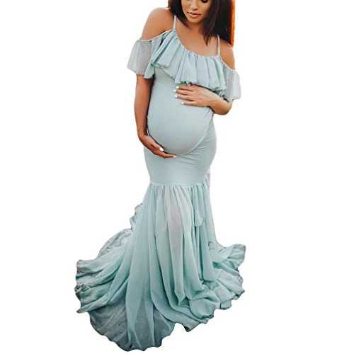 Women Pregnant Elasticity Photography Dress Off Shoulder Sleeveless Wrap Elegant Maternity Solid Color Maxi Dresses (Blue,Asia XL)