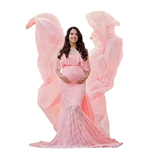Women Pregnant Wrap Flowy Dress Lace Maternity Casual Sleeveless Long Dress Maternity Gown Dress (Pink,Asia XL)