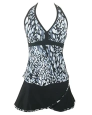 Women Printed Halter Tankini High Waisted Swimsuit Swimwear Beachwear Vintage Bikini Shorts and Top Plus Size White L