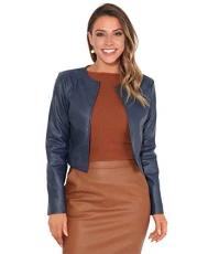 Women PU Leather Cropped Jacket Long Sleeve Bolero[4432-NVY-S] Navy